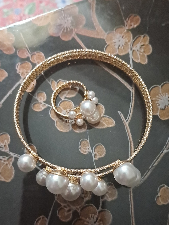 fashion jewlary Jewelry - Gold Pearl Accent Necklace and Ring Set - Women's Fashion Jewelry